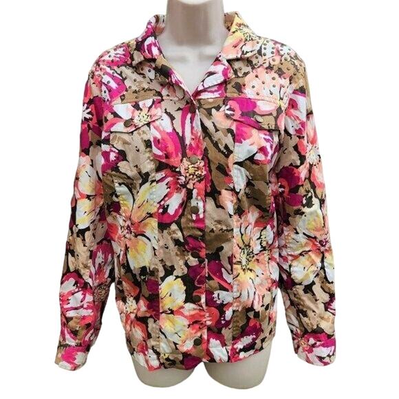 Laura Ashley Floral Jacket Size 1X Brown Black Pink and Cream Long Sleeve - Picture 1 of 5
